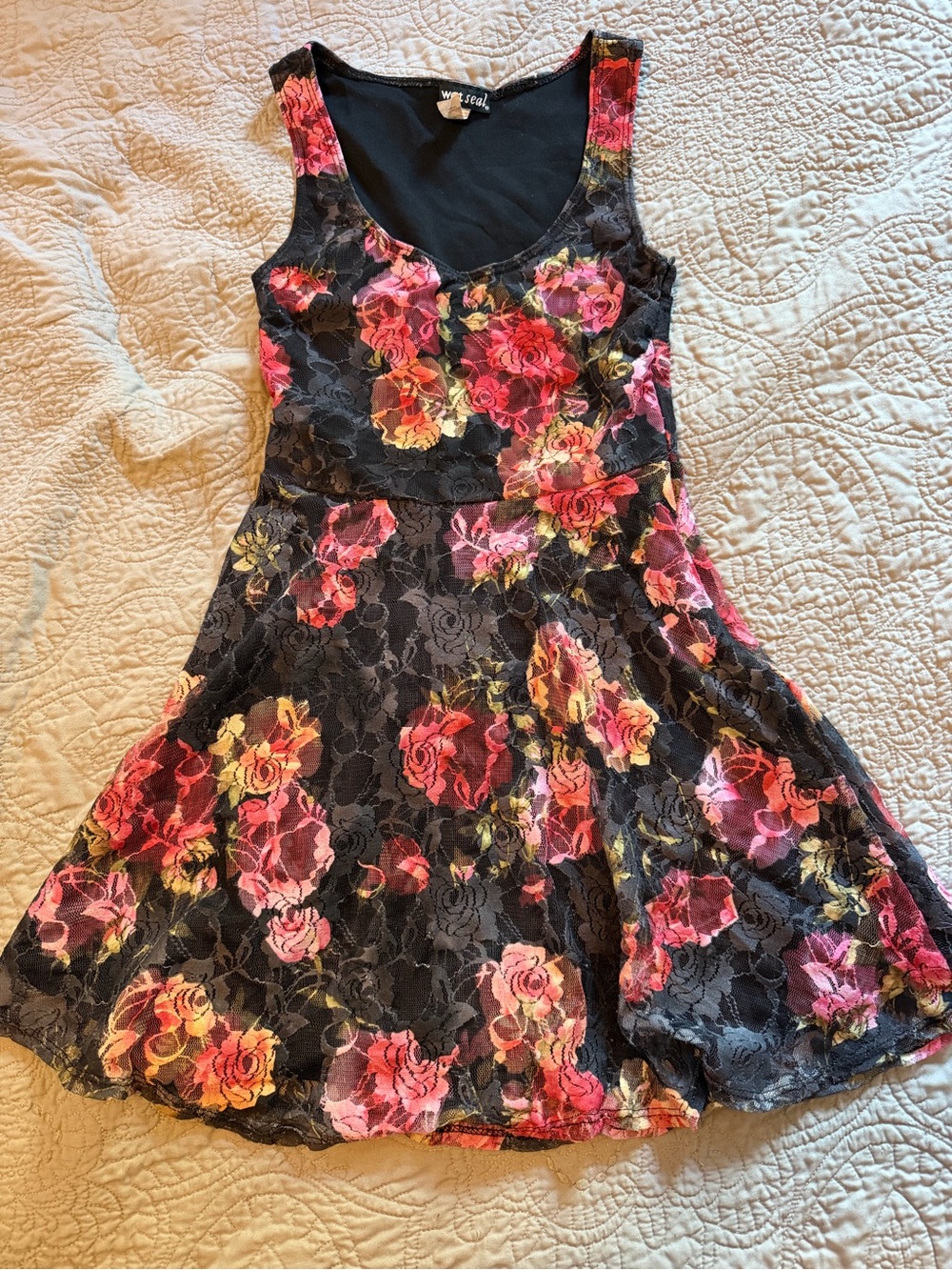 Floral Lace Overlay Skater Dress - Pink/Black - Wet Seal Y2K Whimsigoth